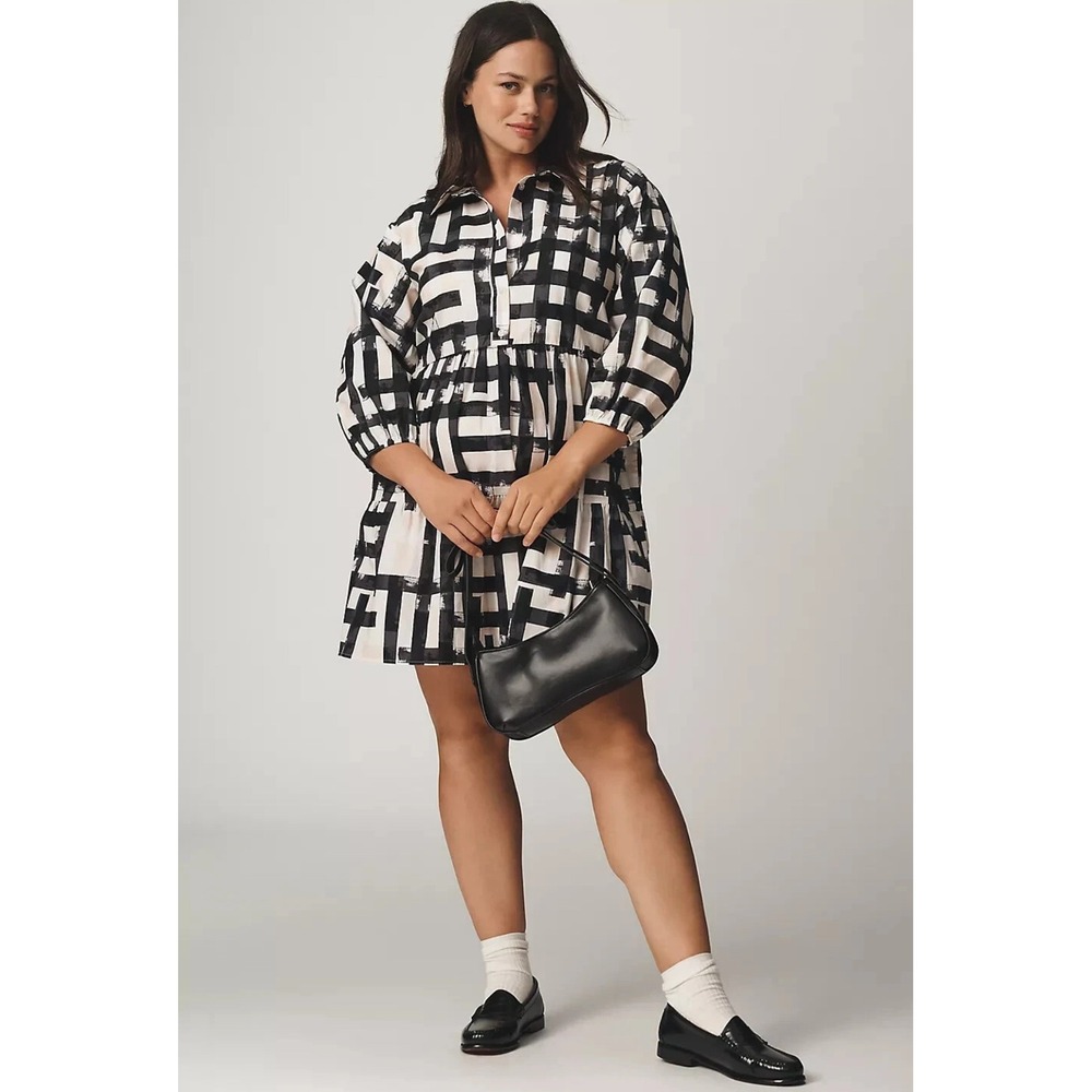 Maeve Anthropologie Bettina Black White‎ Women's Sz XL Abstract Shirt Dress